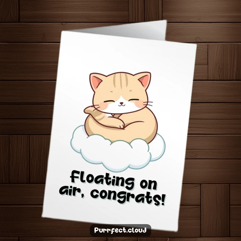 Funny Free Printable Congratulations Card featuring a contented cat being carried by a cloud, symbolizing a peaceful achievement.