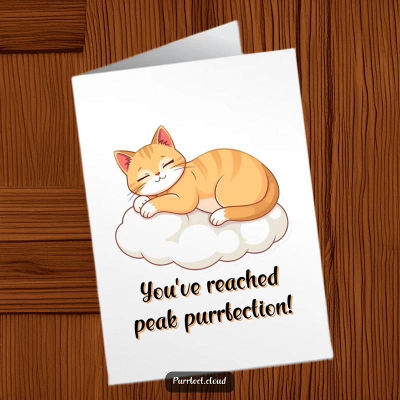 Funny Free Printable Congratulations Card showing a gracefully stretching cat on a cloud, radiating calm achievement.