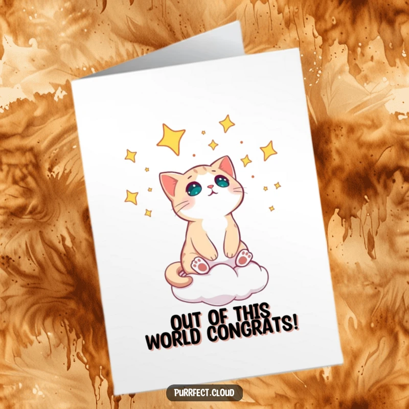 Funny Free Printable Congrats Card: A cat on a cloud looks amazed at a vast, starry night sky.