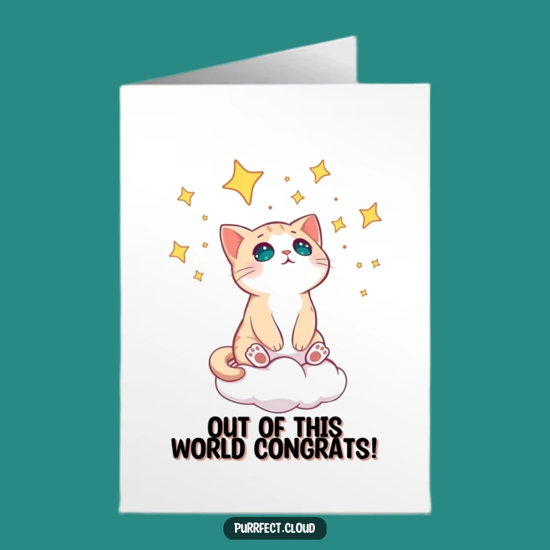 Free Printable Congrats Card: Cat Amazed by Stars on Cloud, Celestial Success!