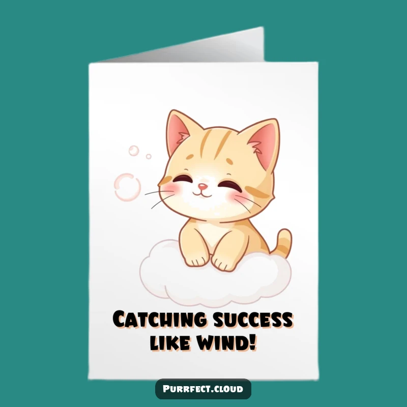 Free Printable Congrats Card: Cat Catching Wind on Cloud, Dreamy Achievement!