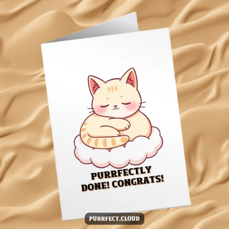 Funny Free Printable Congratulations Card: A cat comfortably curled on a cloud, looking content and relaxed, purring softly.