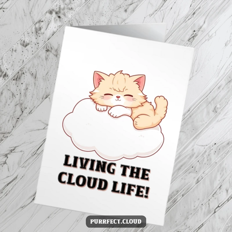 Funny Free Printable Congrats Card: A content cat lounging on a cloud, symbolizing peaceful success.