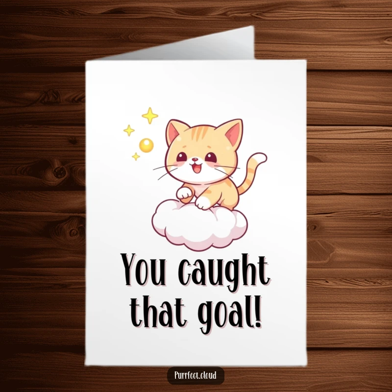 Funny Free Printable Congratulations Card: a playful cat energetically chases a magical glowing orb on a cloud.