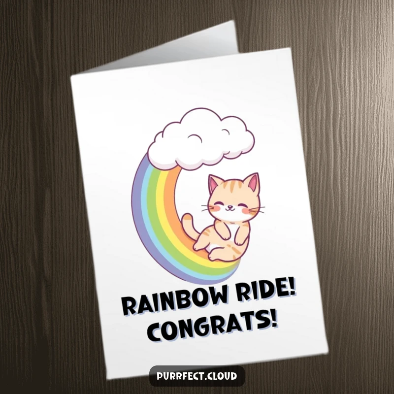 Funny Free Printable Congratulations Card: A cat joyfully slides down a rainbow emerging from a cloud, a vibrant downloadable art.