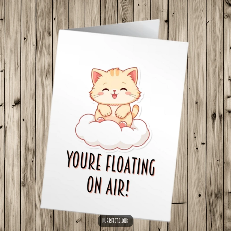 Funny Free Printable Congrats Card: Smiling cat happily bouncing on a cloud, perfect for downloadable congratulations.