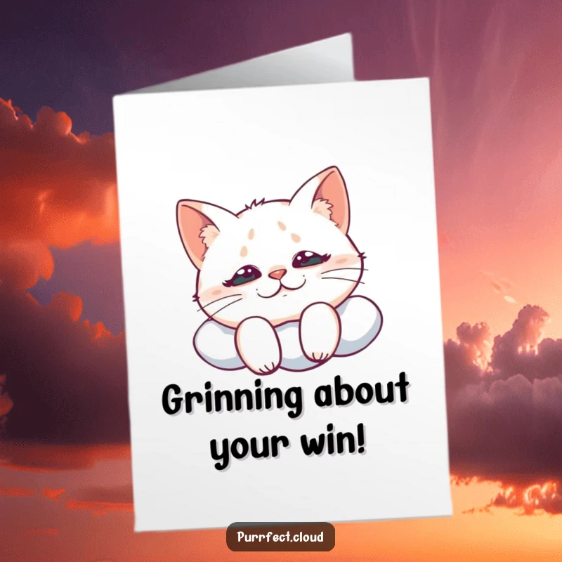 Funny Free Printable Congratulations Card with a cat giving a mischievous grin from a cloud, celebrating success slyly.