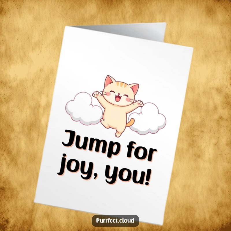 Free Printable congratulations card: a happy cat mid-leap, soaring joyfully between two ethereal, fluffy, floating clouds.