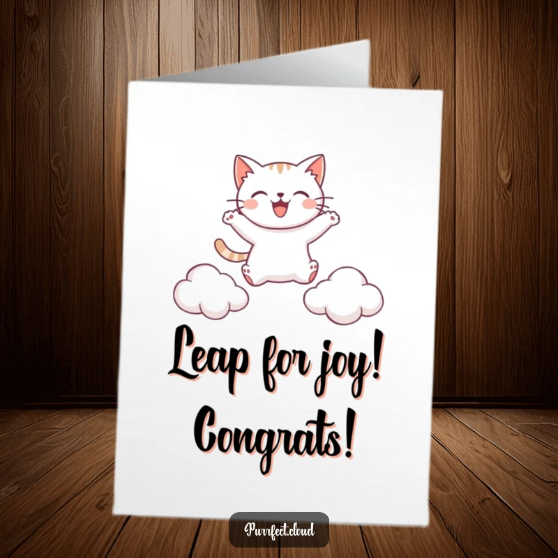 Funny Free Printable Congratulations Card: A happy cat leaping with excitement between two airy, white clouds.