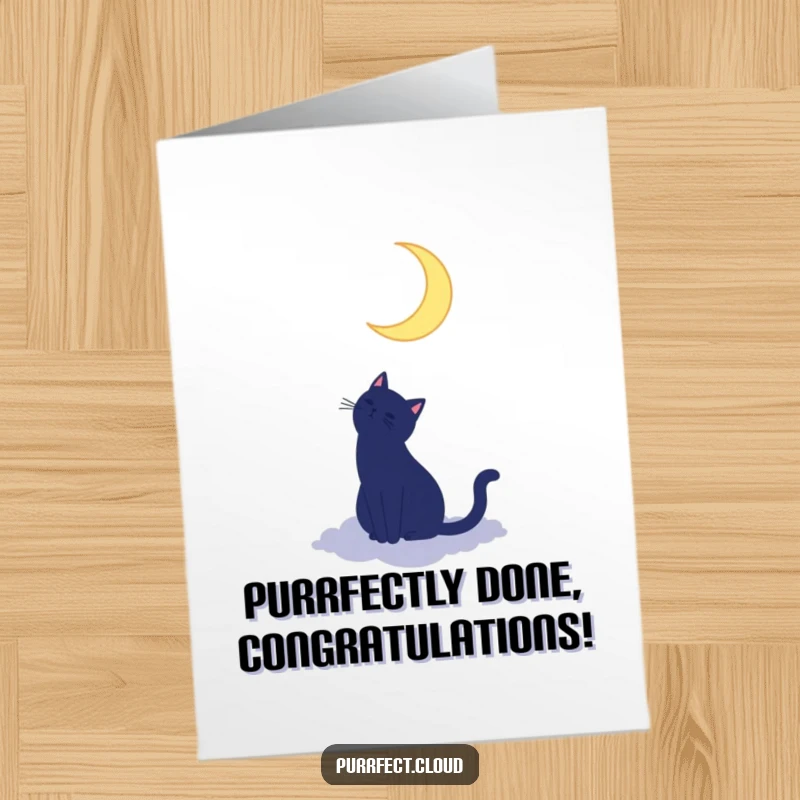 Free Printable Congratulations Card: A cat silhouette looks at a crescent moon from a cloud.