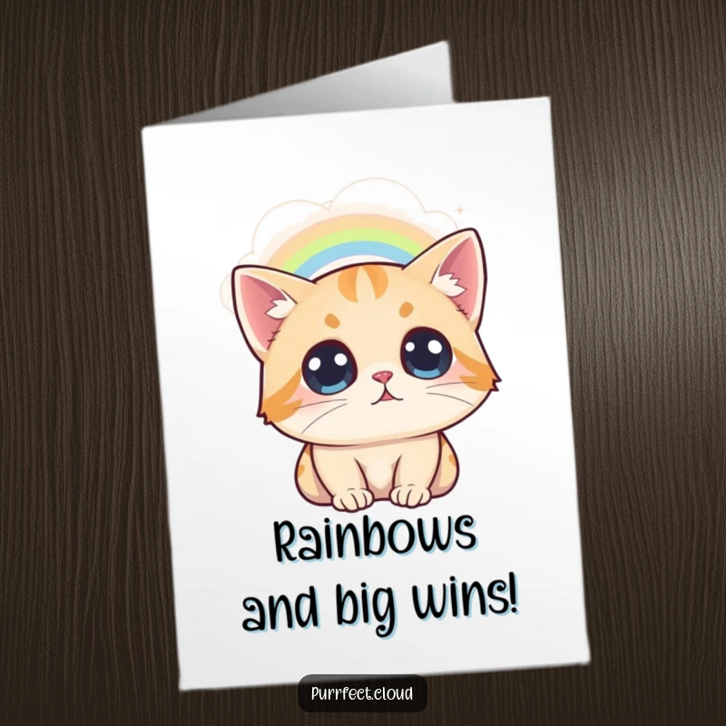 Free Printable congratulations card: a wide-eyed cat sits on a cloud, mesmerized by a spectacular rainbow stretching across the sky.