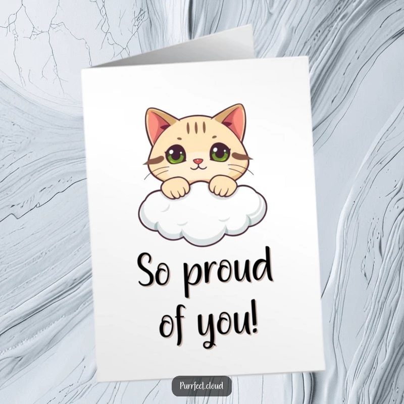 Funny Free Printable Congratulations Card: a cat curiously peers over a fluffy cloud, its eyes full of wonder.