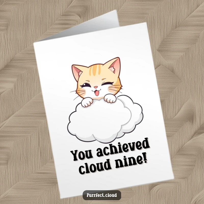 Funny Free Printable Congrats Card: Nimble cat leaping onto a fluffy cloud, celebrating achievement.