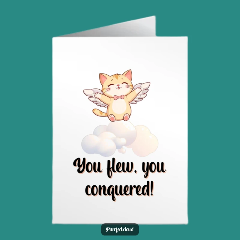 Free Printable Congrats Card: Winged Cat Celebration Funny Downloadable Gift