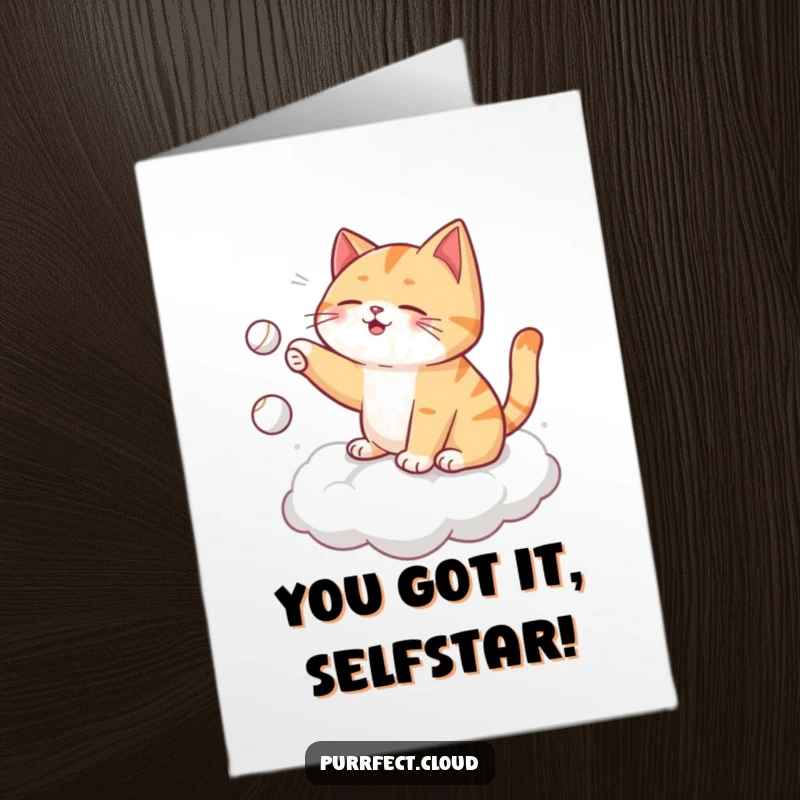 Funny Free Printable Congratulations Card: A self-entertaining cat plays fetch on a cloud, celebrating a solo victory.
