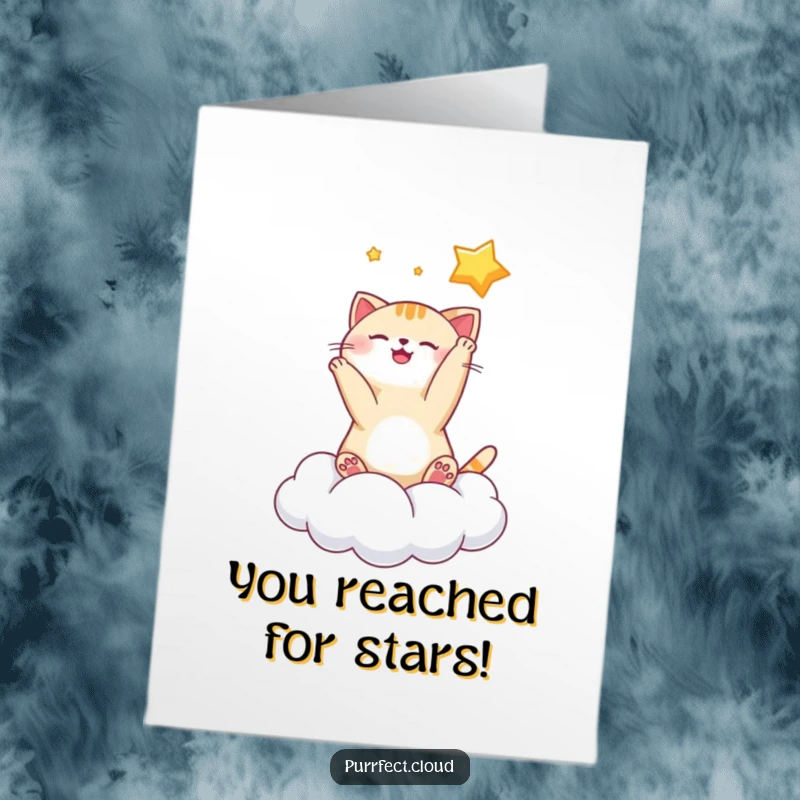 Funny Free Printable Congratulations Card with a cat playfully batting a star from a cloud, symbolizing achievement.