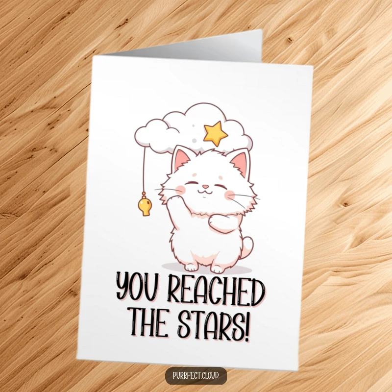 Funny Free Printable Congratulations Card: Fluffy cat reaching for a star with joyous abandon.