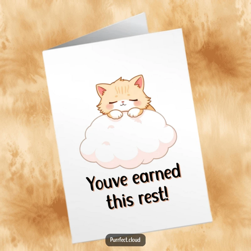 Funny Free Printable Congratulations Card featuring a fluffy cat character napping on a cloud, celebrating achievements with soft humor.