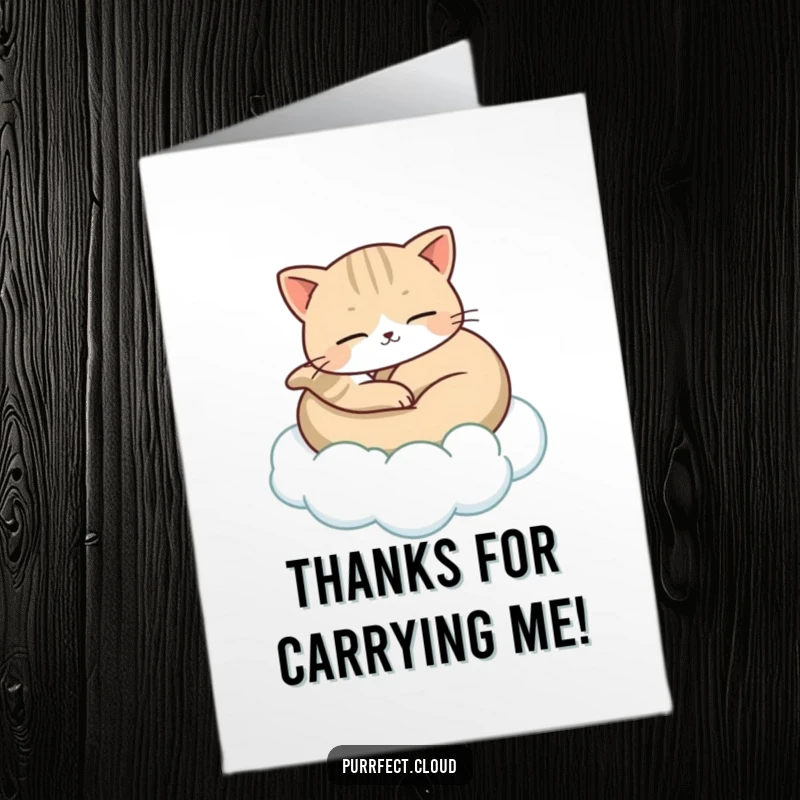 Funny Free Printable Thank You Card with a cat peacefully curled up on a cloud, offering a gentle and sweet thank you.