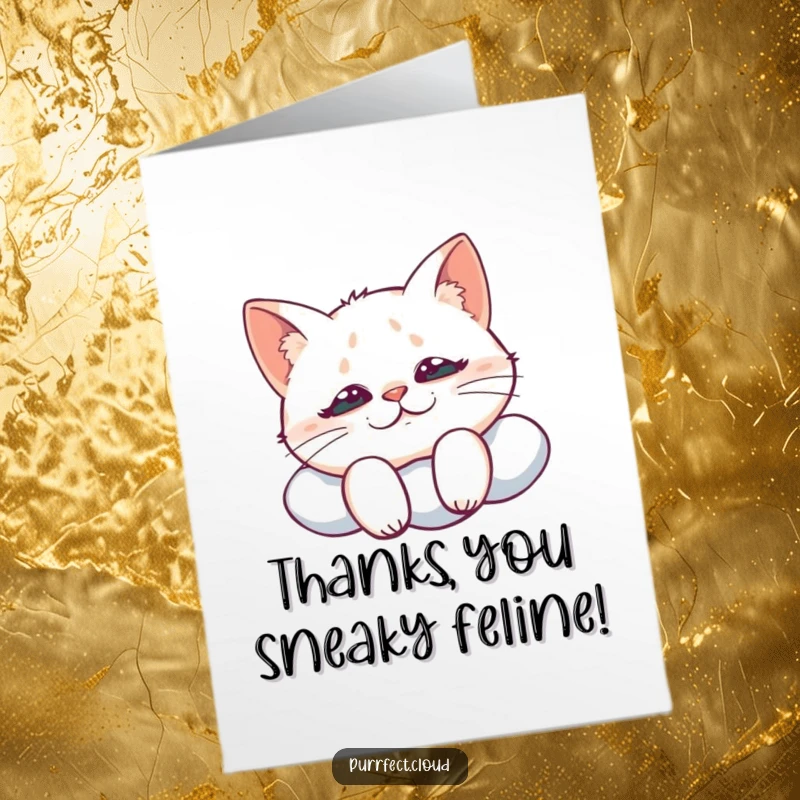 Funny Free Printable Thank You Card featuring a cat with a mischievous grin looking down from a fluffy cloud, a playful thanks.
