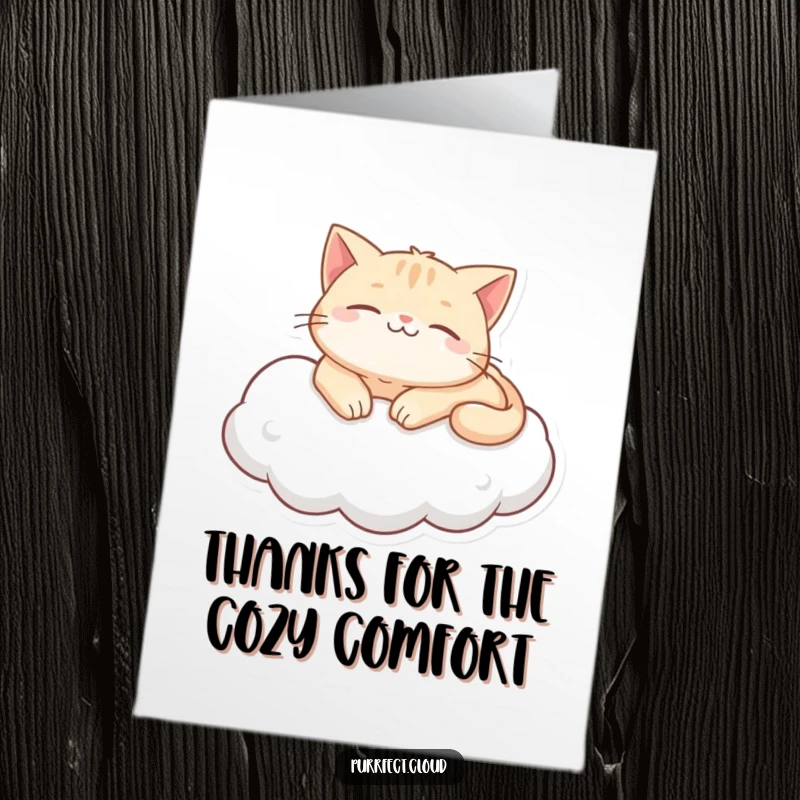 Funny Free Printable Thank You Card: A content cat character purrs while lounging lazily on a soft, pillowy cloud.