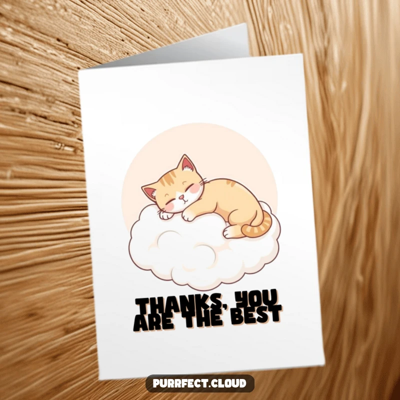 Free Printable thank you card: a happy cat stretching contentedly while lounging on a soft, pink-tinted, fluffy cloud.