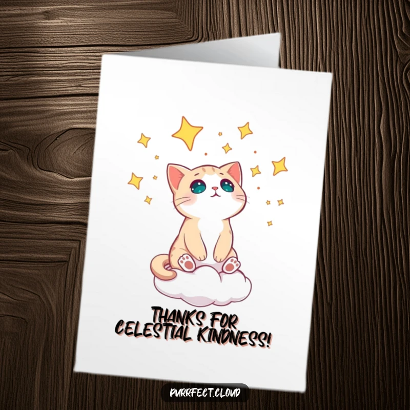 Funny Free Printable Thank You Card: Cat on a cloud, eyes wide with amazement at the brilliant starry sky.