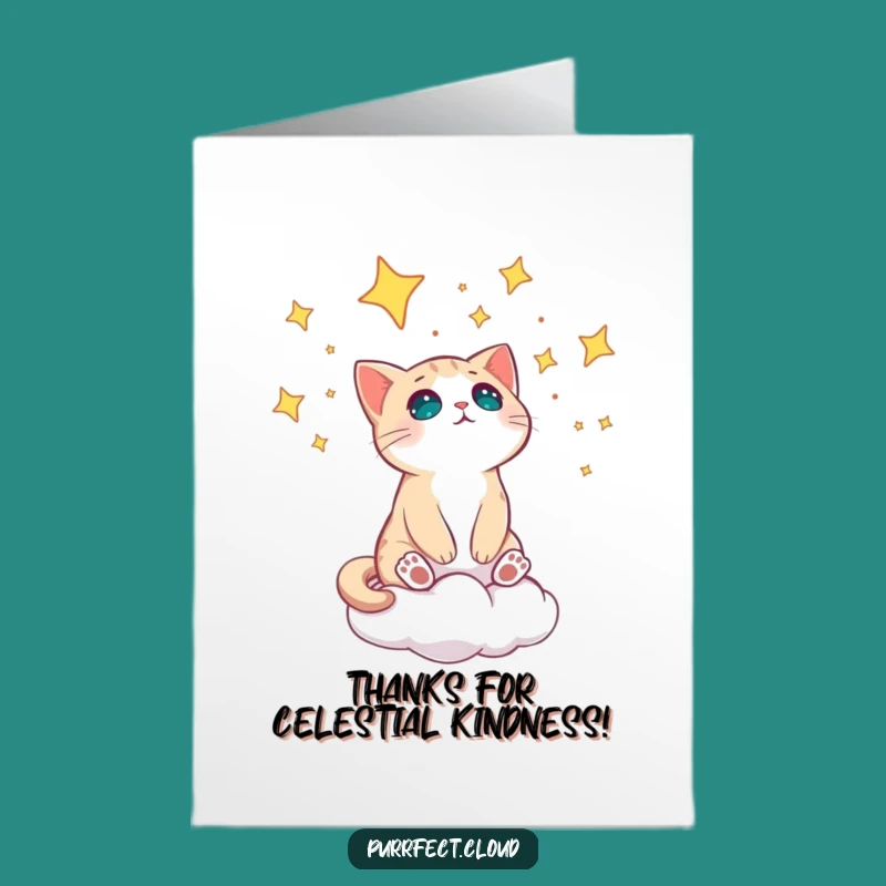 Free Printable Thank You Card: Amazed Cat on Cloud, Starry Gratitude!