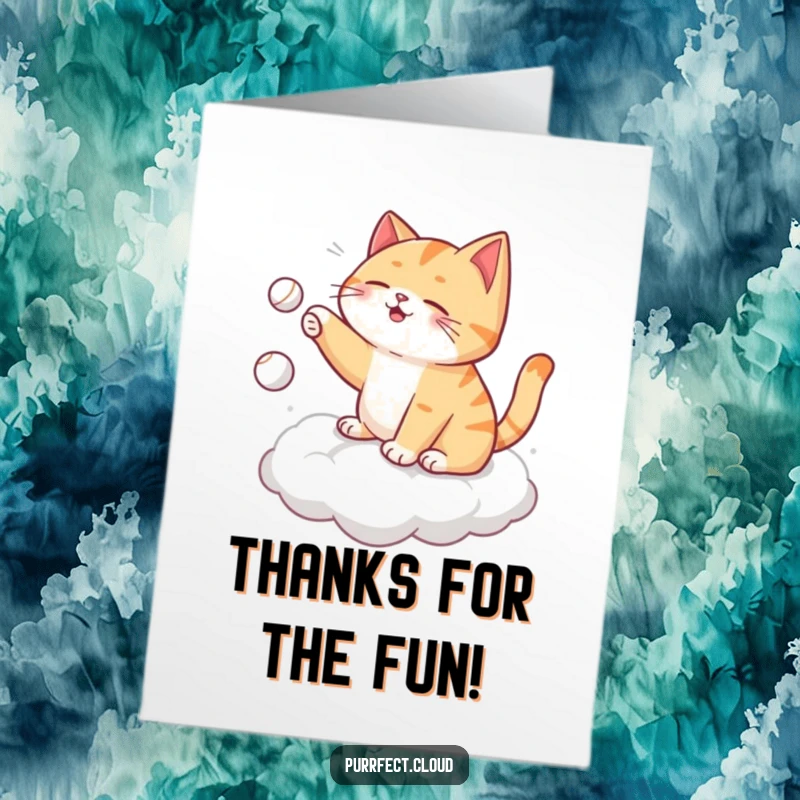 Funny Free Printable Thank You Card: A whimsical cat plays fetch with itself on a cloud, spreading thanks.