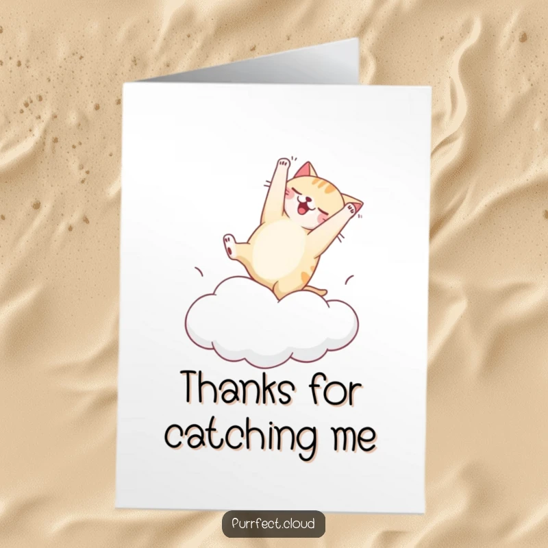 Funny Free Printable Thank You Card showing a cat mid-somersault fail on a bouncy cloud, a moment of pure comedy.