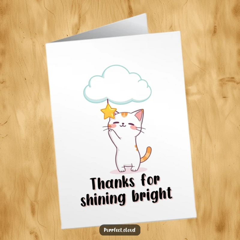 Funny Free Printable Thank You Card with a playful cat batting at a dangling star from a cloud, expressing thanks with energy.