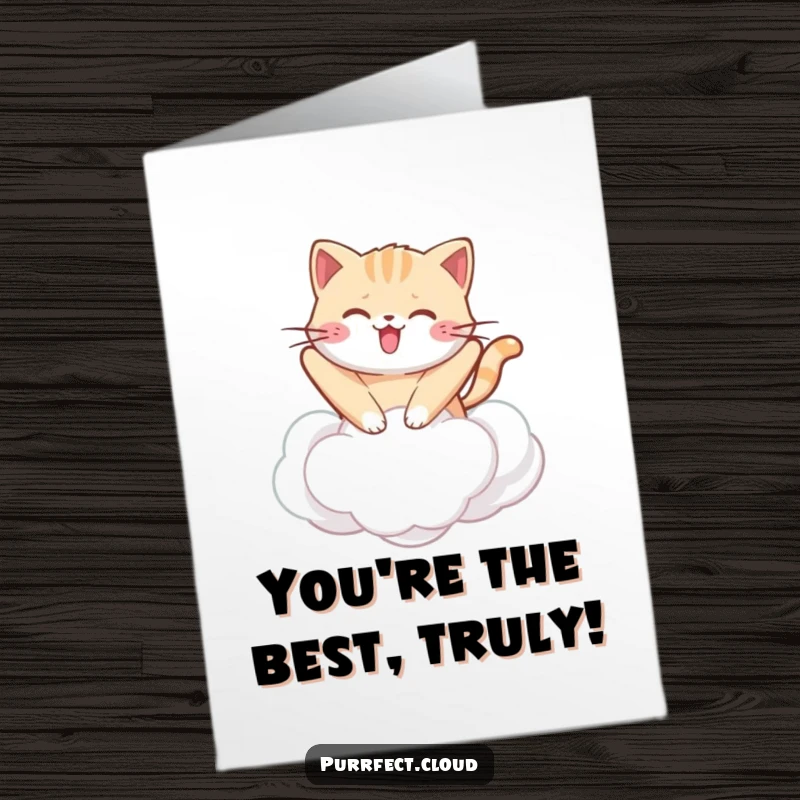 Funny Free Printable Thank You Card: a cheerful kawaii cat is joyfully bouncing high on a fluffy white cloud.
