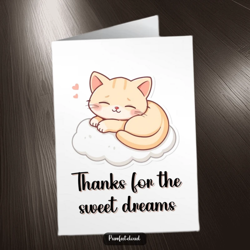 Funny Free Printable Thank You Card with a smiling cat curled up, peacefully dreaming on a soft cloud.