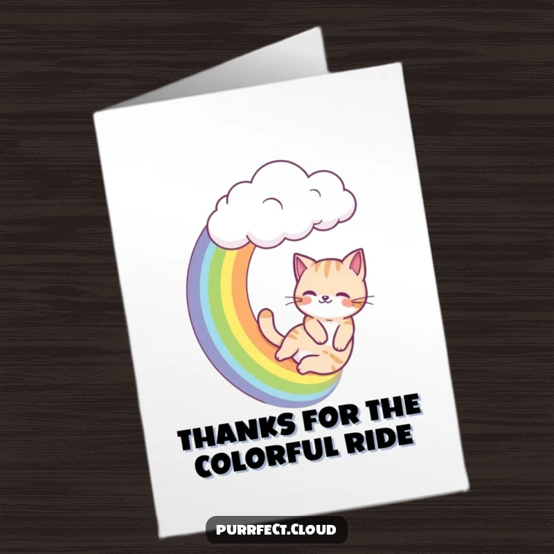 Funny Free Printable Thank You Card: A cat slides down a rainbow from a cloud, a playful and humorous downloadable gift.