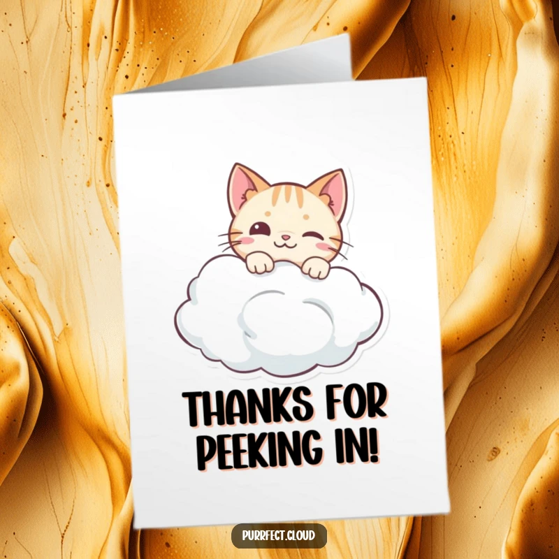 Funny Free Printable Thank You Card: A curious cat with an inquisitive gaze, peeking from behind a cloud.