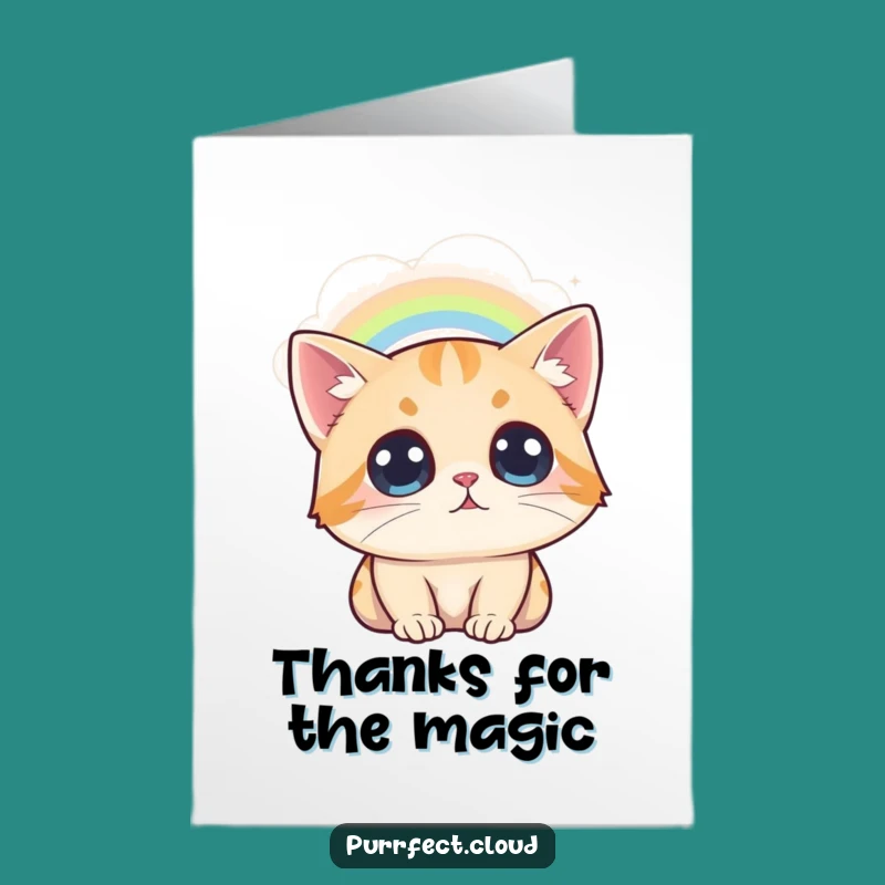 Free Printable Wide-Eyed Cat Thank You Card: Rainbow Cloud Wonder Downloadable Appreciation