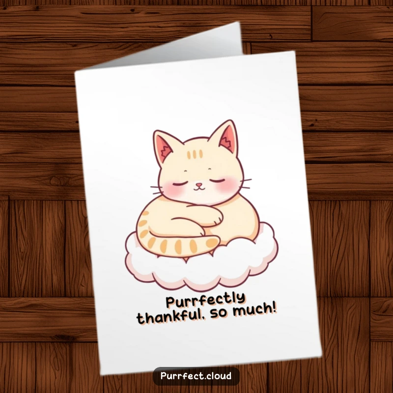 Funny Free Printable Thank You Card: A cat blissfully curled up on a cloud, purring contentedly.
