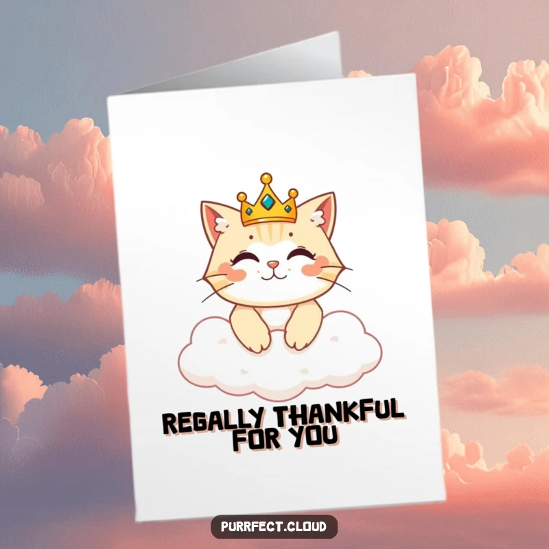 Funny Free Printable Thank You Card: A cat wearing a crown surveys its domain from a cloud, majestic thanks.