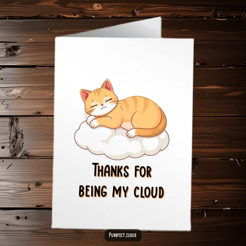 Funny Free Printable Thank You Card featuring a cat stretching peacefully on a cloud, conveying relaxed appreciation.
