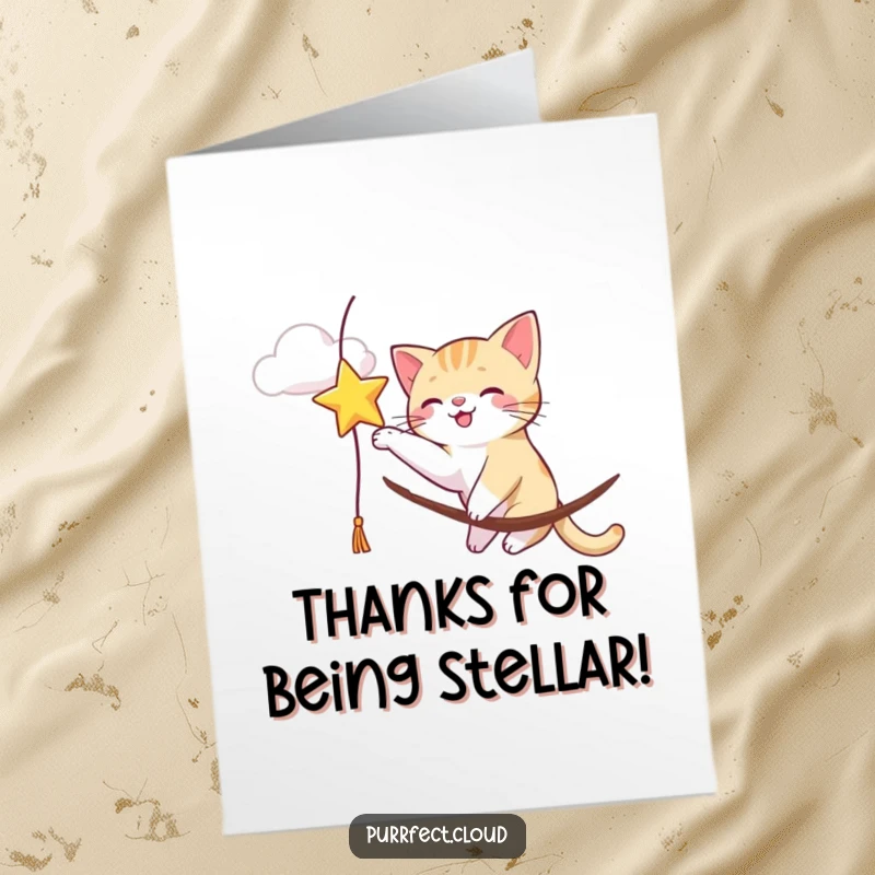Funny free printable thank you card: A curious cat playfully bats at a sparkling star hanging from a cloud.