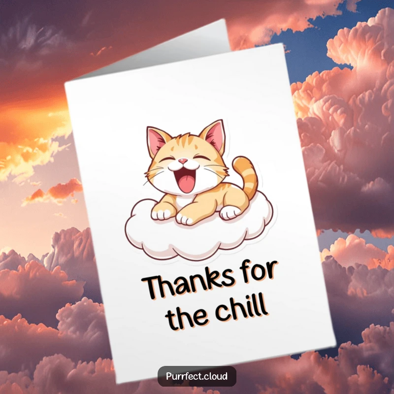 Funny Free Printable Thank You Card featuring a cat yawning widely while lounging on a cloud, adding humor to your message.
