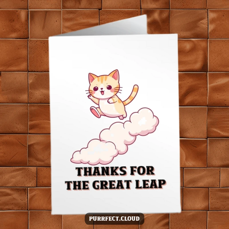 Funny Free Printable Thank You Card: A determined cat agility jumps clouds, expressing thanks for great effort.