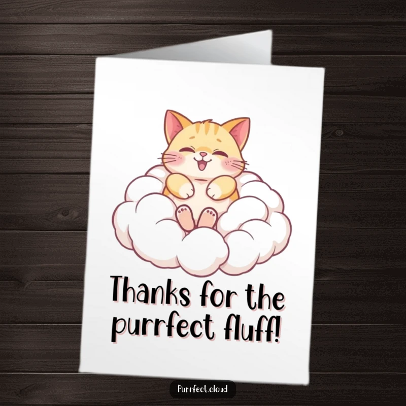 Funny Free Printable Thank You Card with a happy cat nestled and rolling in soft clouds, conveying gentle appreciation.