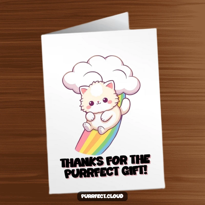 Funny free printable thank you card: Energetic fluffy cat slides down a rainbow from a cloud.