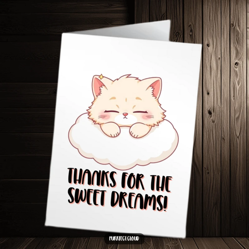 Funny free printable thank you card: A fluffy cat with wide eyes rests deeply on a soft, white cloud.