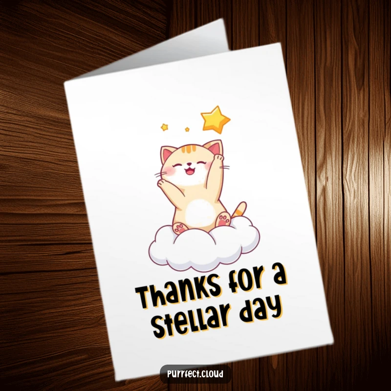Funny Free Printable Thank You Card of a playful cat batting a star while sitting on a cloud.