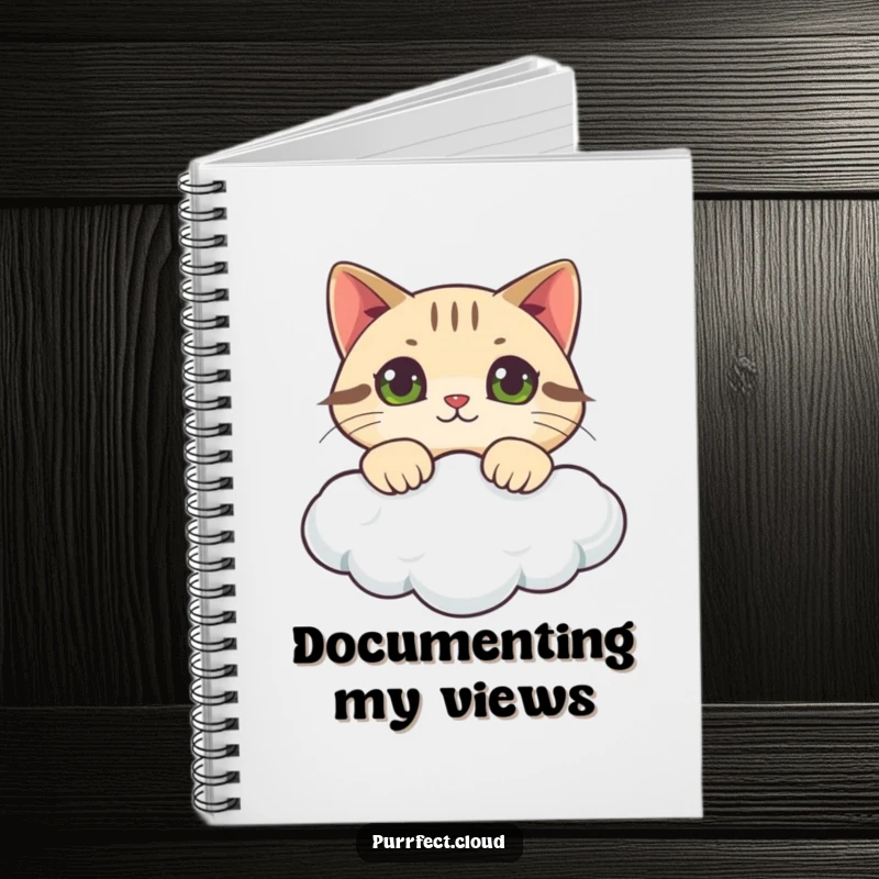 Funny cat notebook cover with a curious cat peeking over a cloud, great for journaling and a humorous gift.
