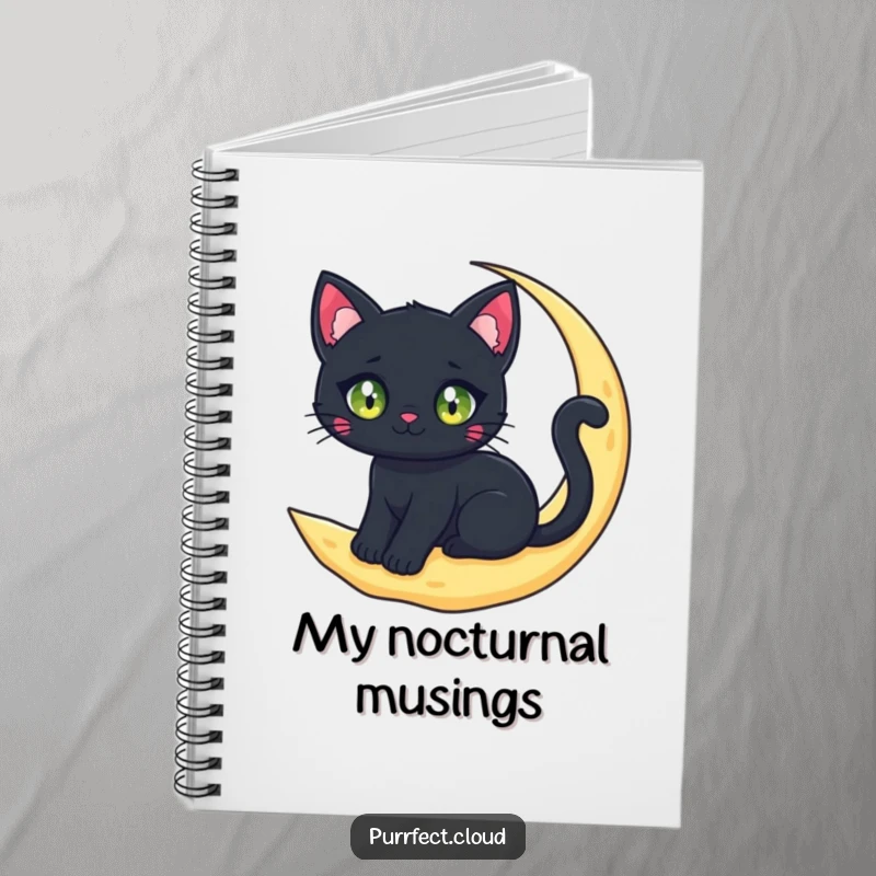 Funny black cat character with sparkling eyes sitting on a crescent moon cloud on the cover of a lined notebook for jotting down magical thoughts.