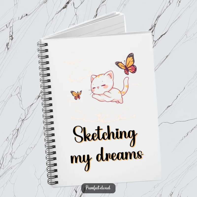 Funny Notebook: Features a cat chasing a butterfly amidst clouds, perfect for jotting down dreamy ideas and thoughts.