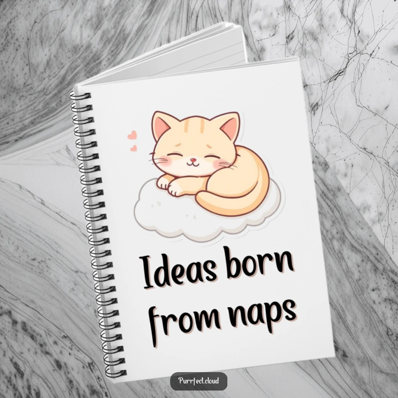 Funny notebook with a cat smiling and dreaming on a cloud, designed for jotting down ideas with a touch of humor.